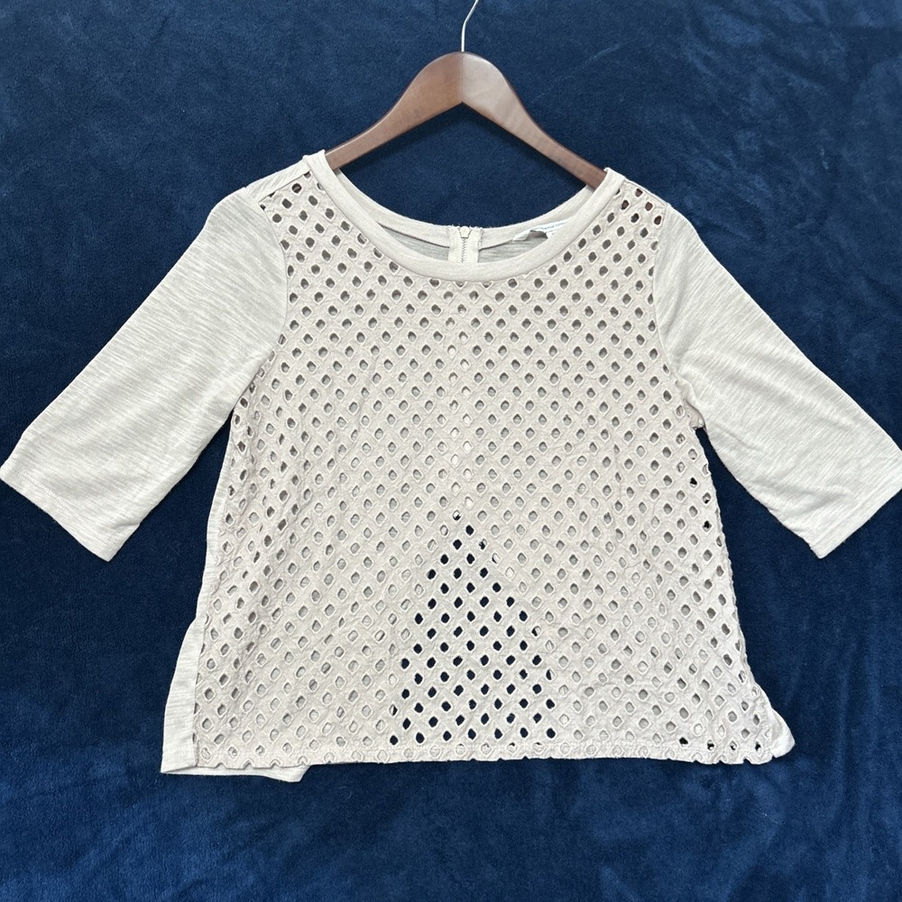 American Eagle Womens Mesh Eyelet Top Size M Slit Back Festival Neutral Rave